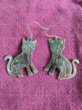 Silver Cat Earrings with Mother of Pearl Inlay